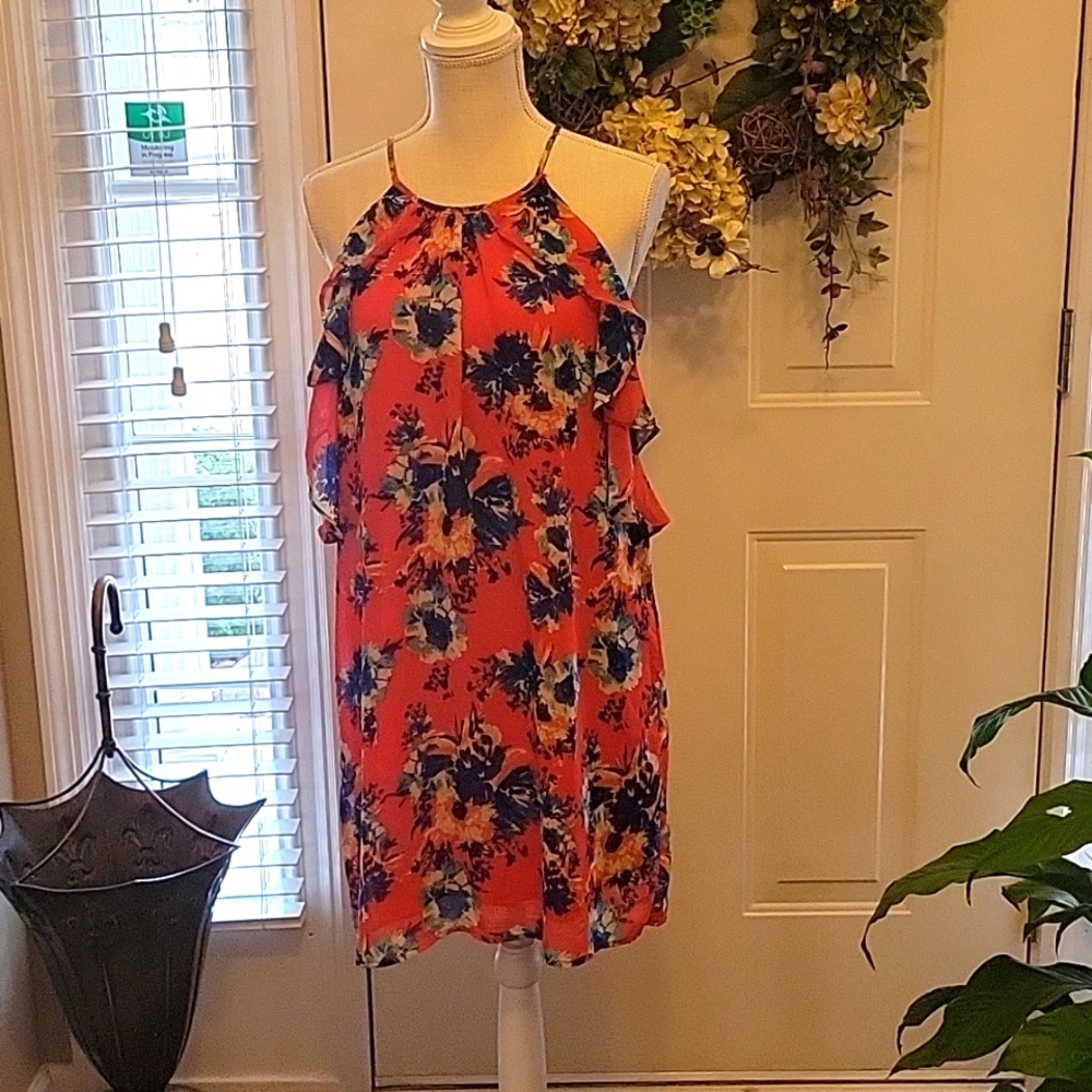 AS U WISH red blue orange white floral dress spaghetti strap ruffled Large …EUC